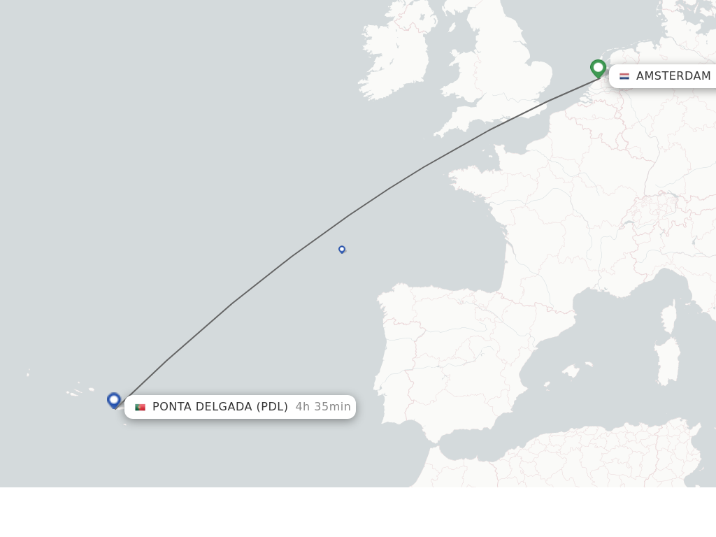 Flights from Amsterdam to Ponta Delgada (Azores) route map