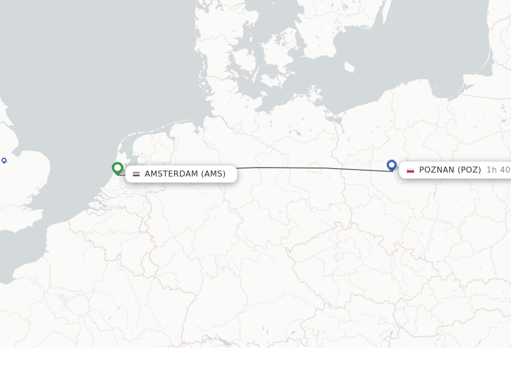 Flights from Amsterdam to Poznan route map