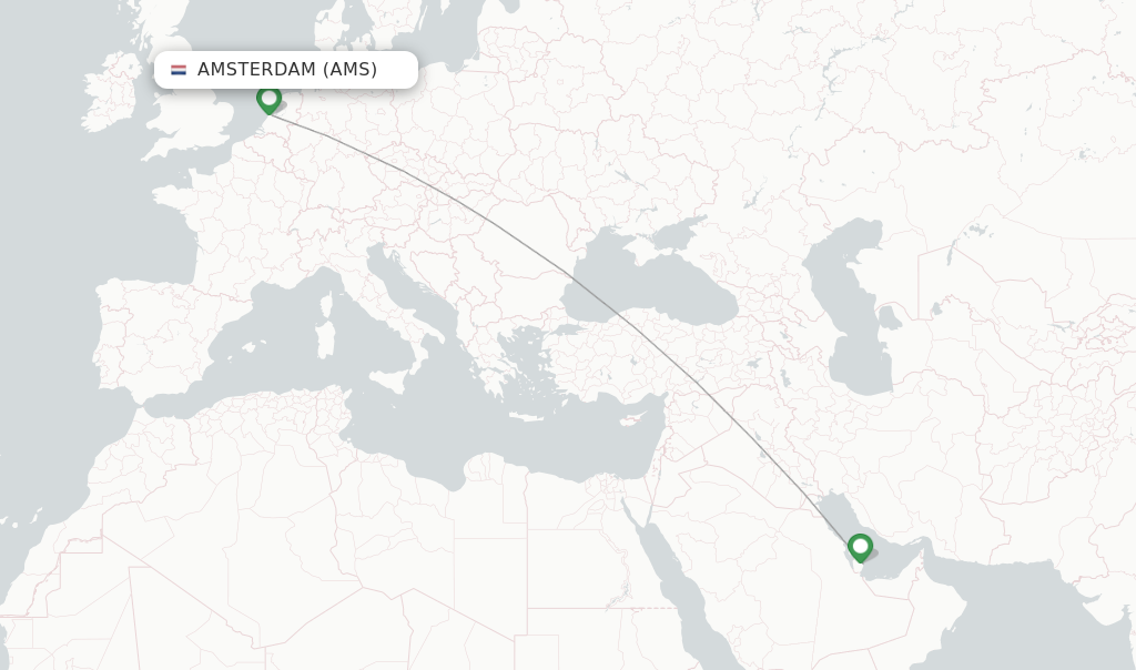 Route map with flights from Amsterdam with Qatar Airways