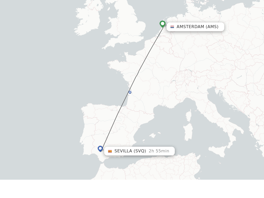 Flights from Amsterdam to Sevilla route map