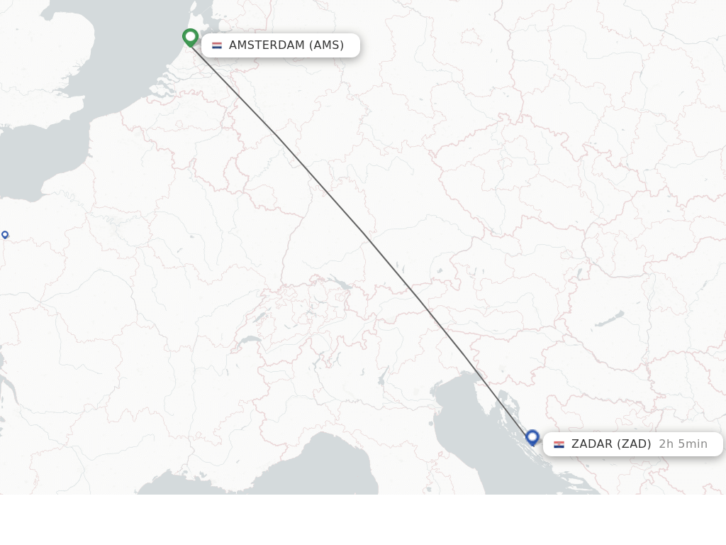 Flights from Amsterdam to Zadar route map