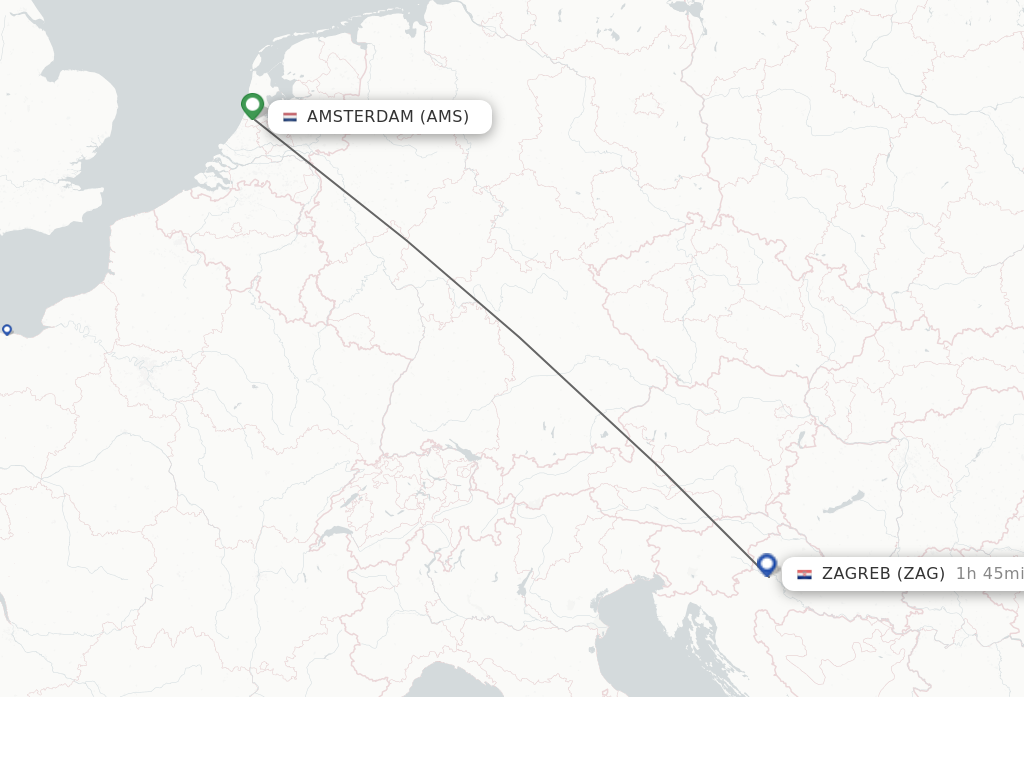 Flights from Zagreb to Amsterdam route map