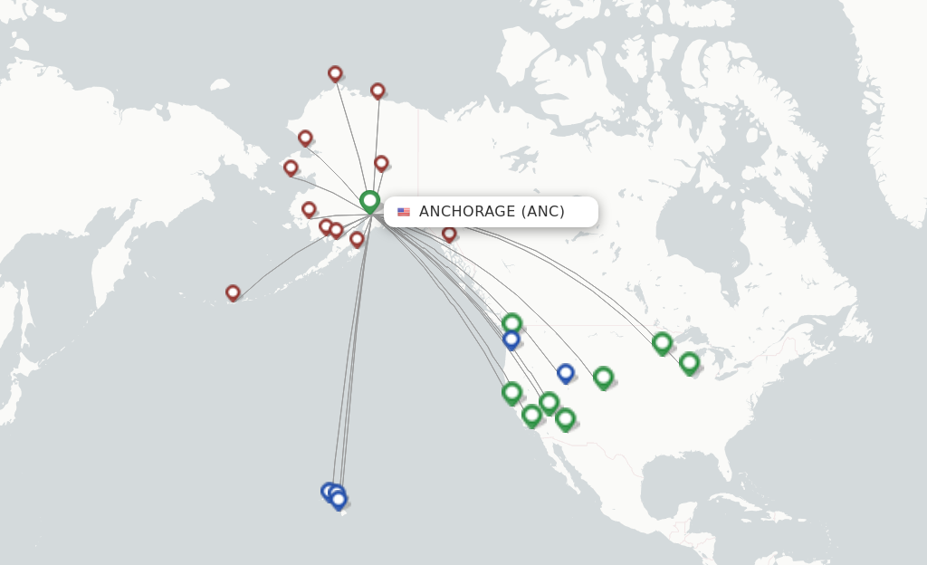 Route map with flights from Anchorage with Alaska Airlines