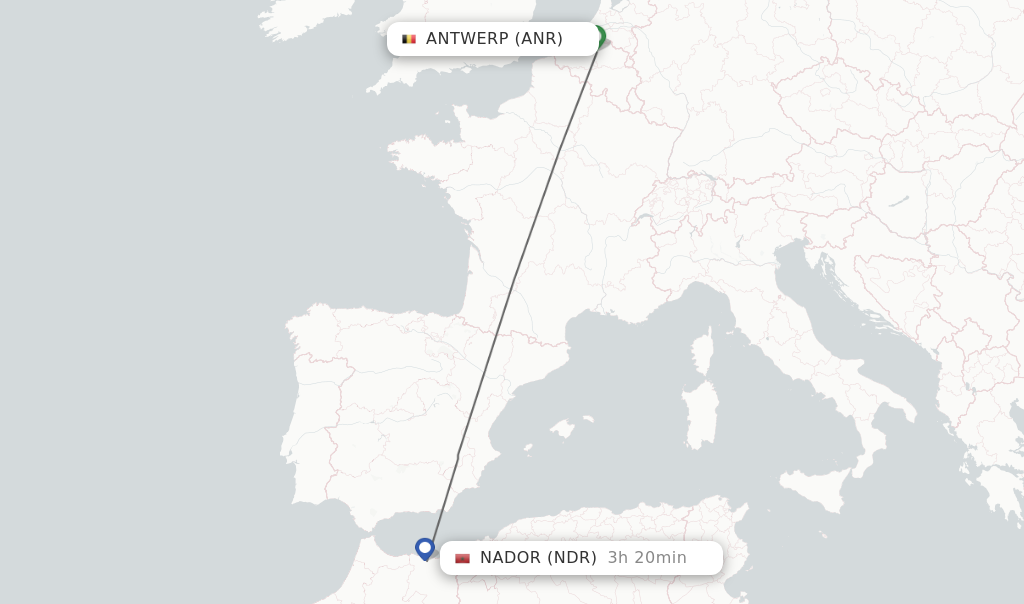 Flights from Antwerp to Nador route map