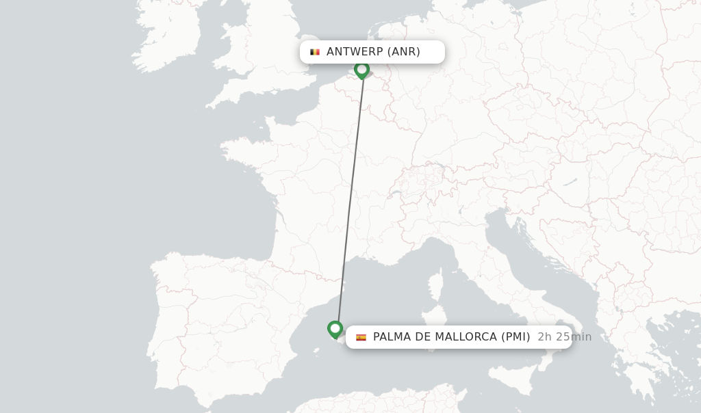 Flights from Antwerp to Palma de Mallorca route map