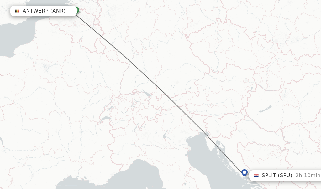 Flights from Antwerp to Split route map
