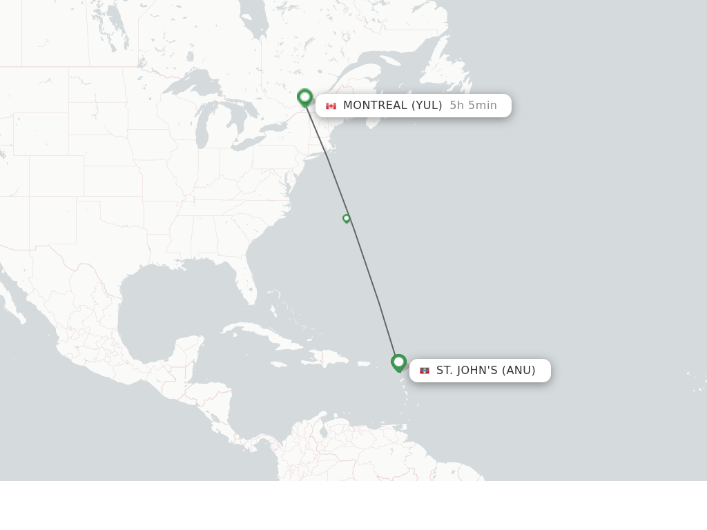 Flights from Antigua to Montreal route map