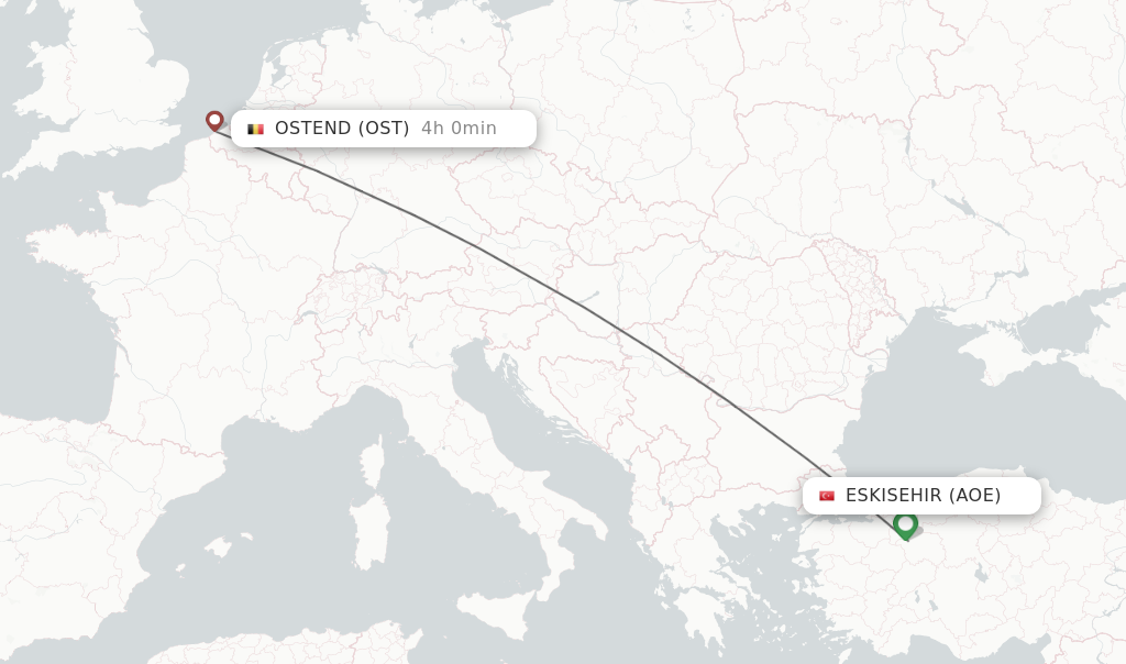 Flights from Eskisehir to Ostend route map