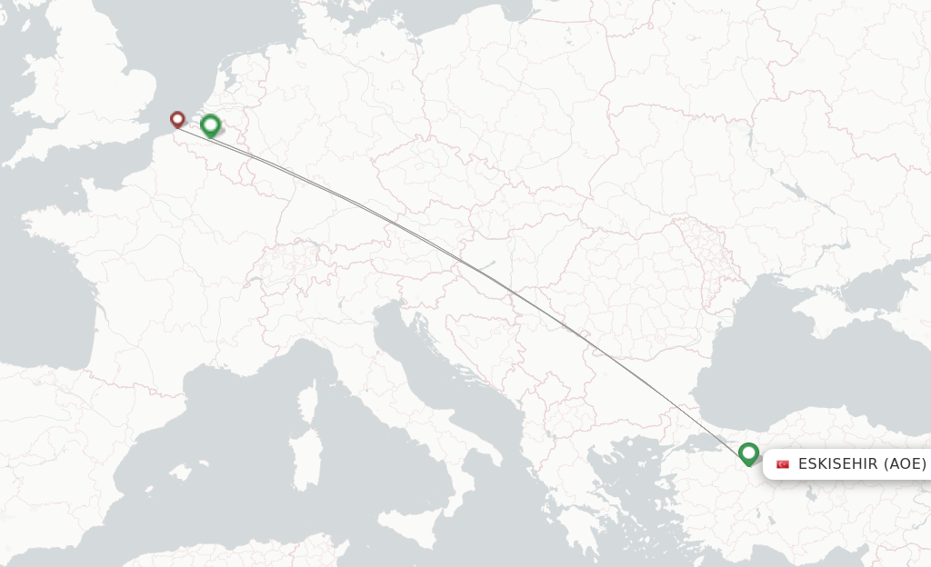 Route map with flights from Eskisehir with TUI Airlines Belgium