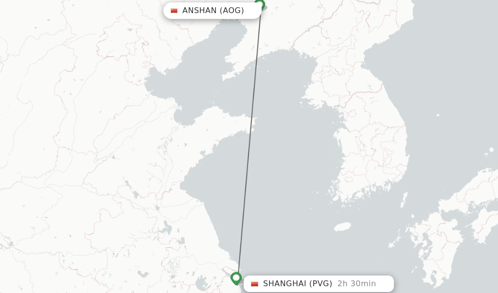 Flights from Anshan to Shanghai route map