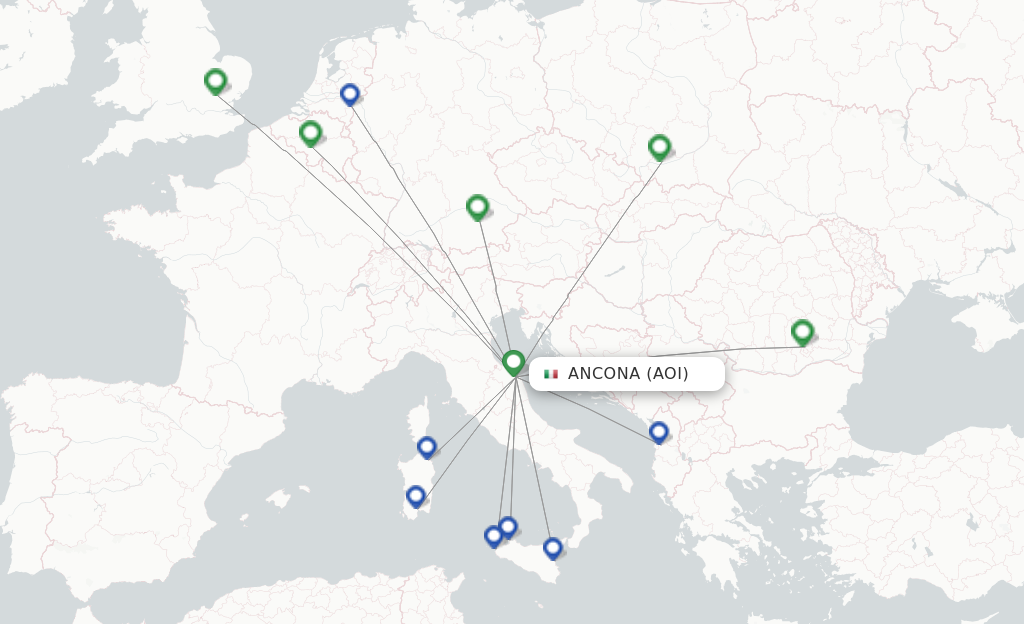 Flights from Ancona to London route map