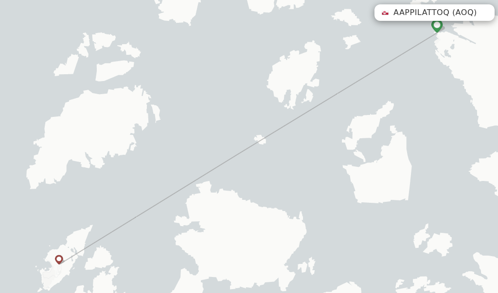 Route map with flights from Aappilattoq with Air Greenland