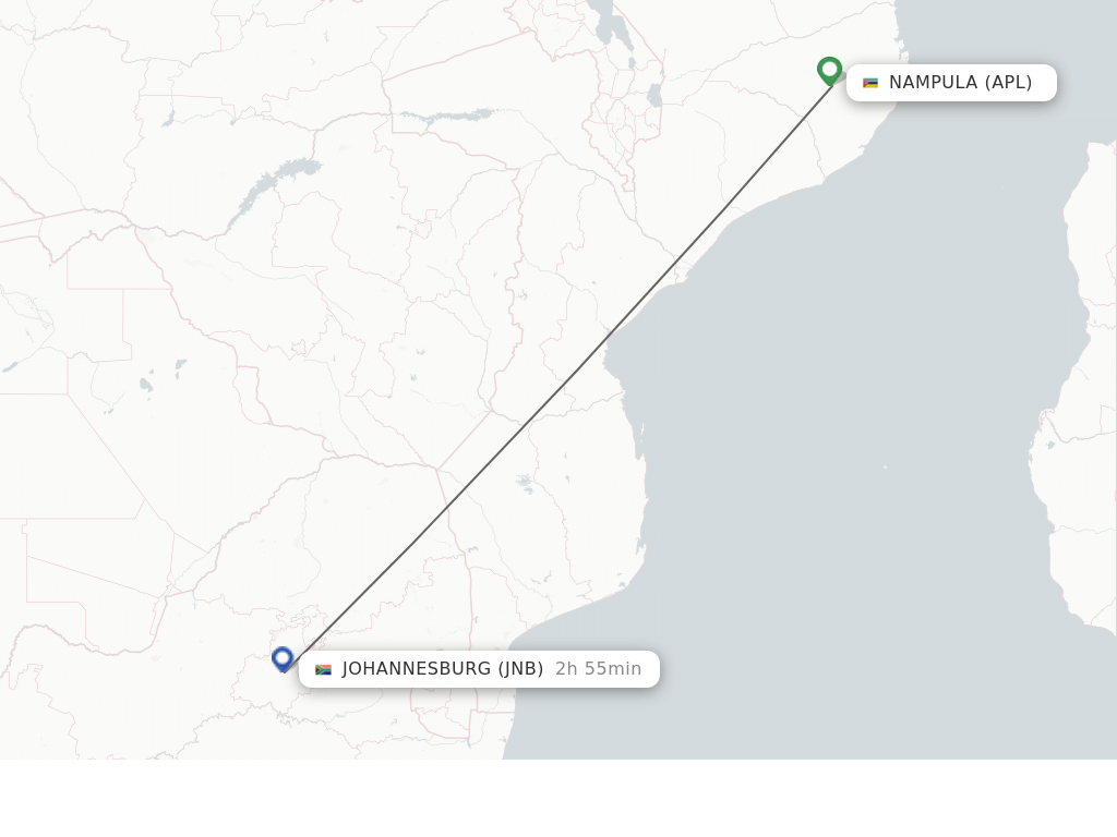Flights from Nampula to Johannesburg route map