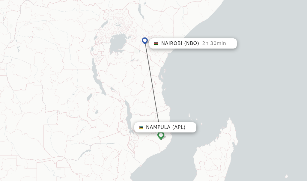 Flights from Nampula to Nairobi route map