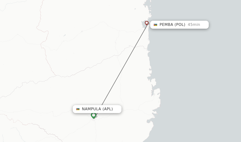 Flights from Nampula to Pemba route map