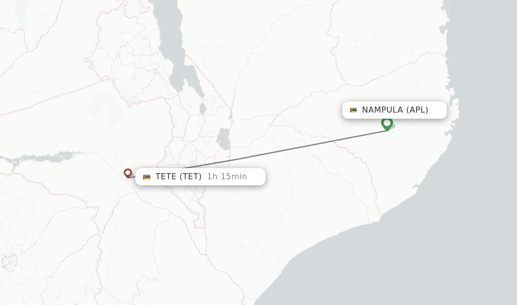 Flights from Nampula to Tete route map