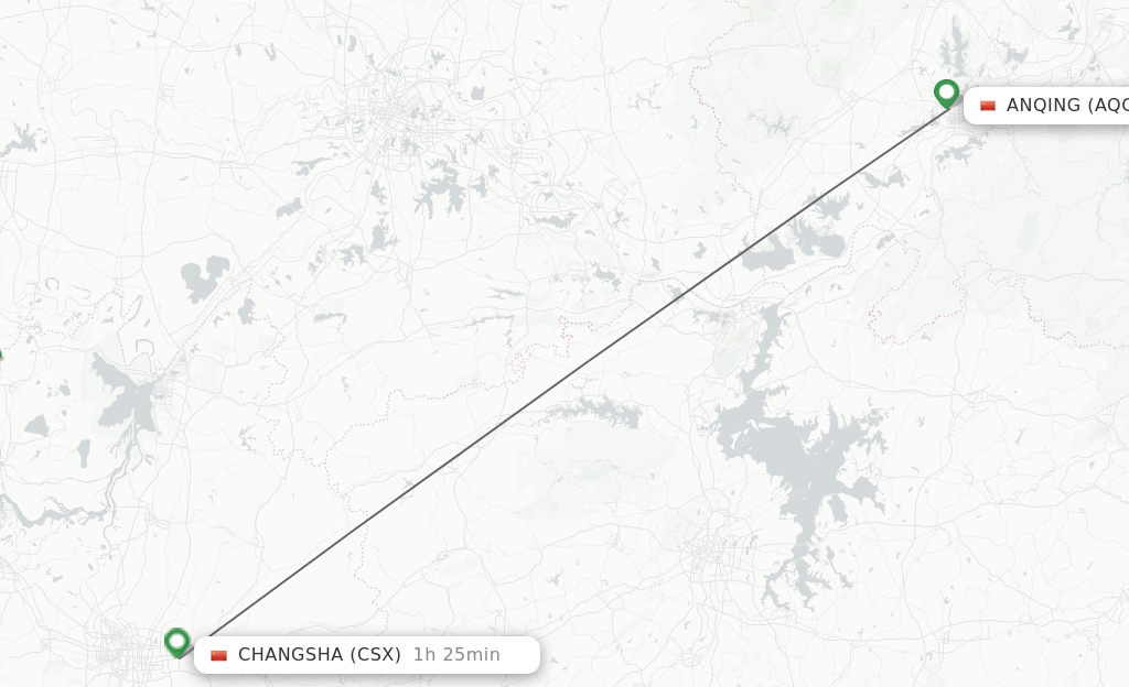 Flights from Anqing to Changsha route map