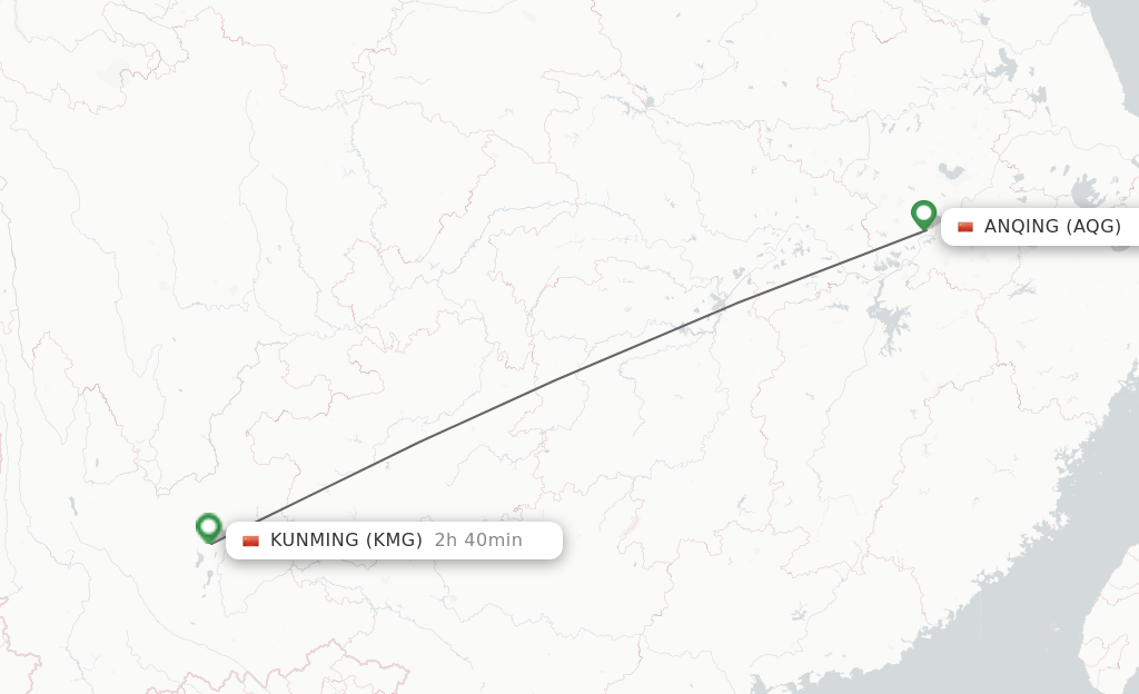 Flights from Anqing to Kunming route map