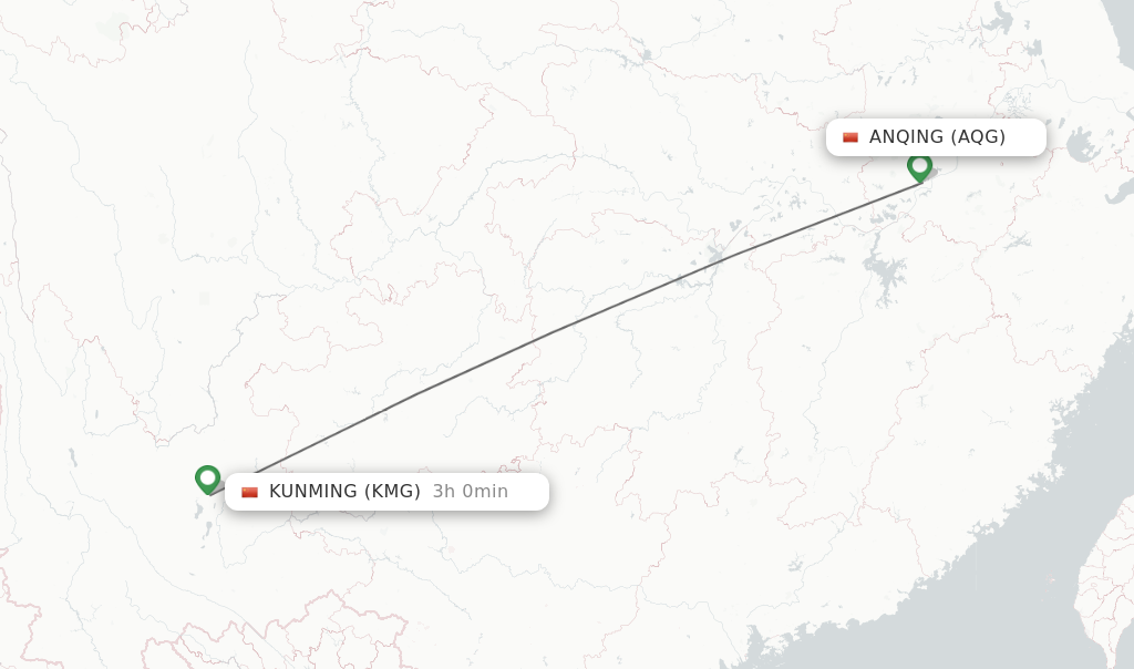 Flights from Anqing to Kunming route map