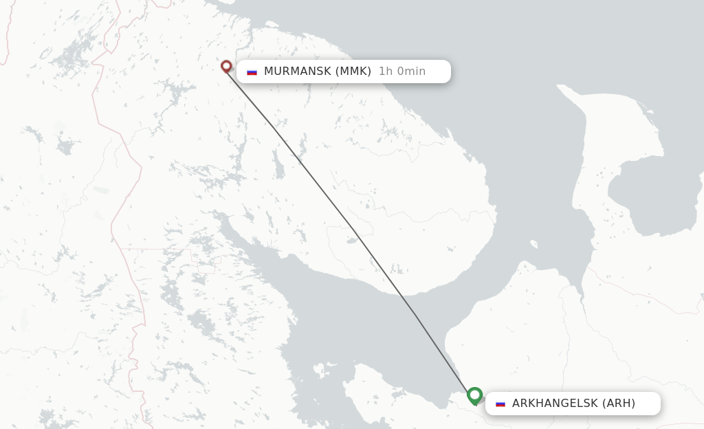 Flights from Arkhangelsk to Murmansk route map