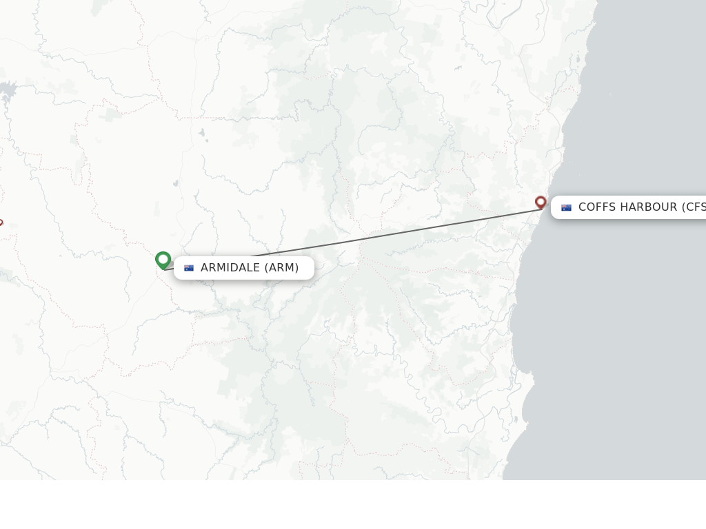 Flights from Armidale to Coffs Harbour route map