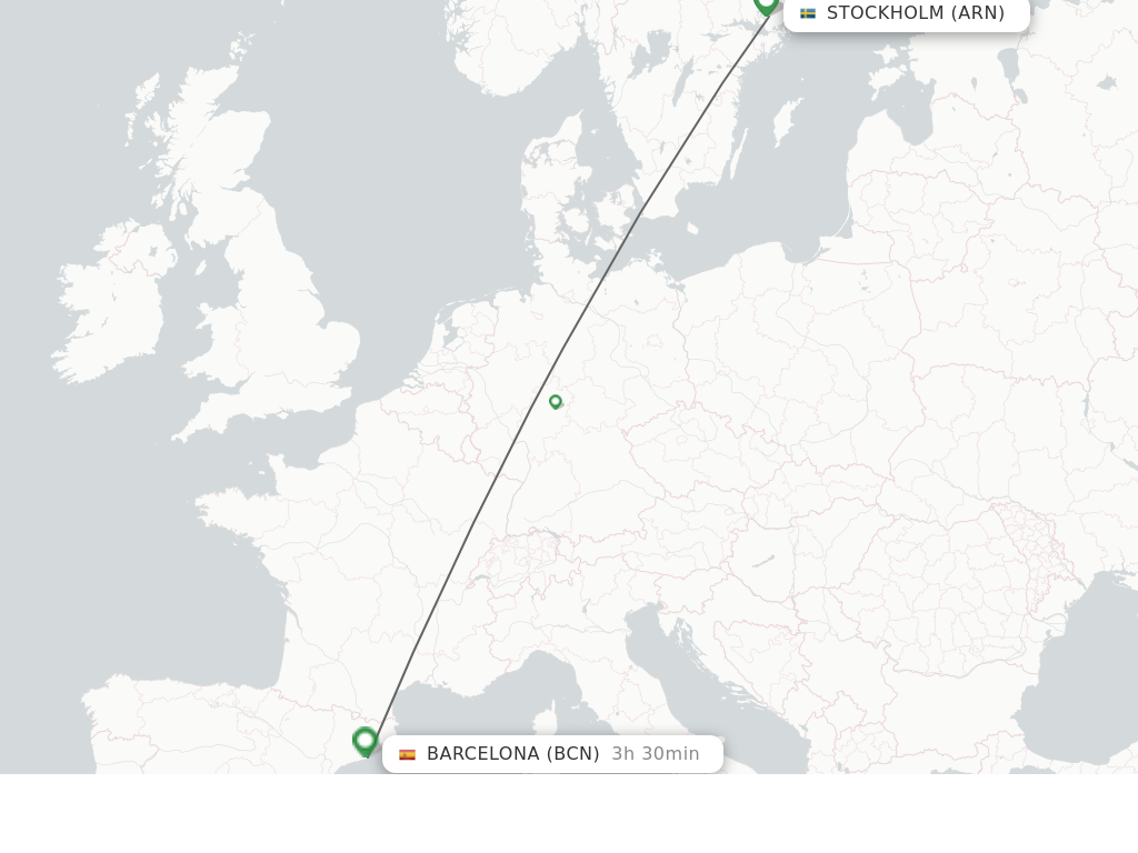 Flights from Stockholm to Barcelona route map