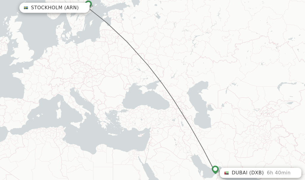 Flights from Stockholm to Dubai route map