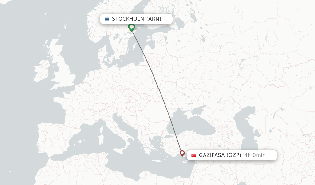 Flights from Stockholm to Gazipasa route map