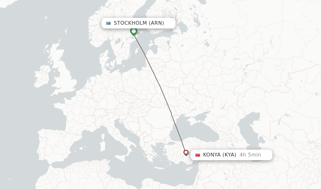 Flights from Stockholm to Konya route map