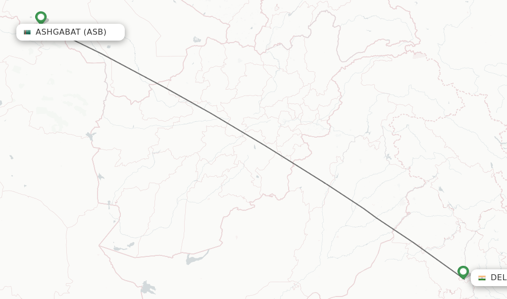Flights from Ashgabat to Delhi route map