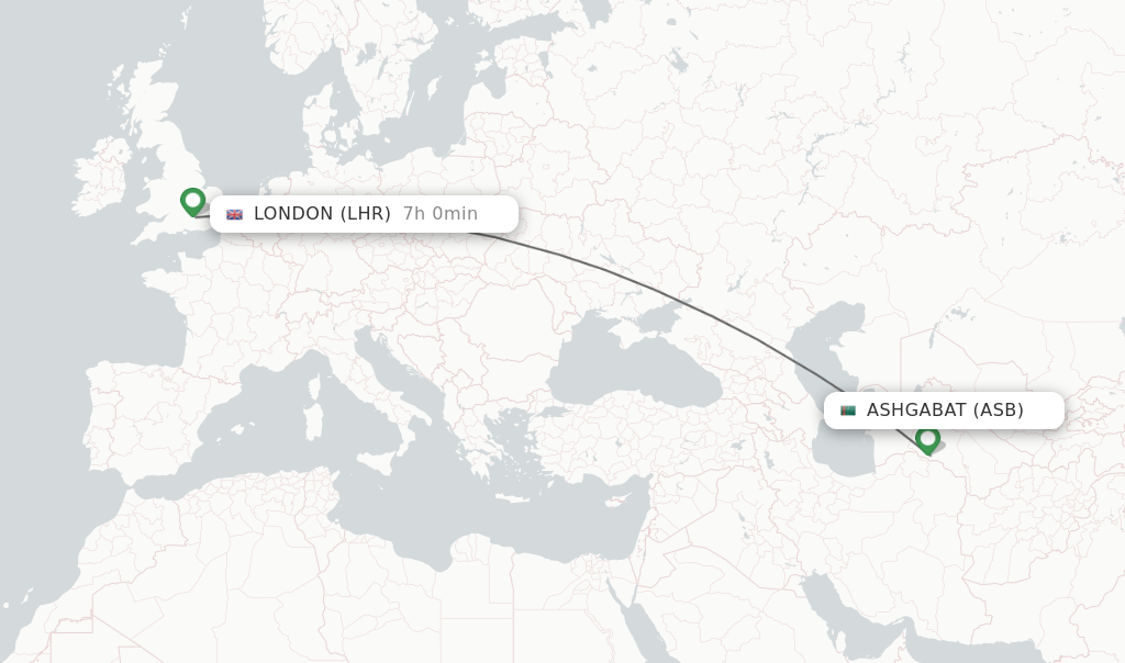 Flights from Ashgabat to London route map