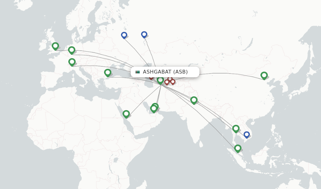 Route map with flights from Ashgabat with Turkmenistan Airlines