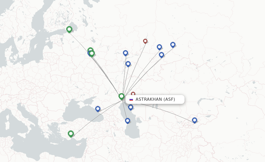 Route map with flights from Astrakhan with UVT Aero