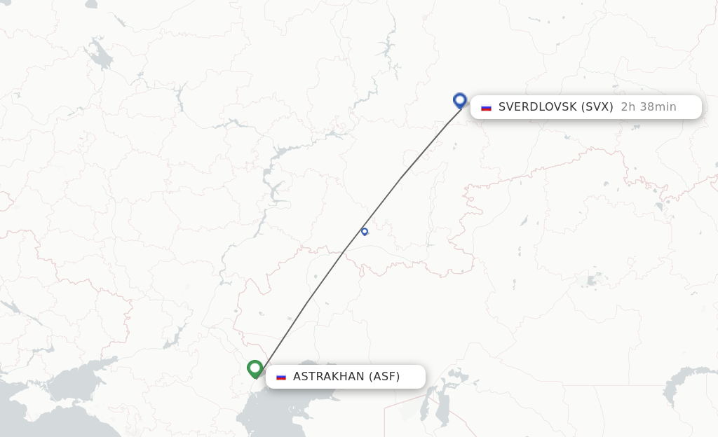 Flights from Yekaterinburg to Astrakhan route map