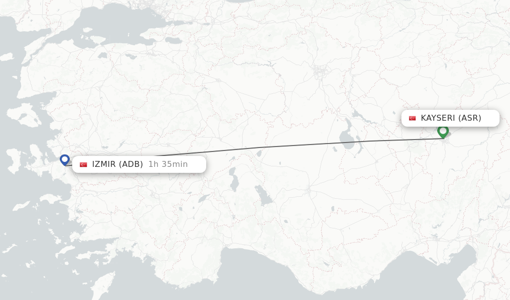 Flights from Kayseri to Izmir route map