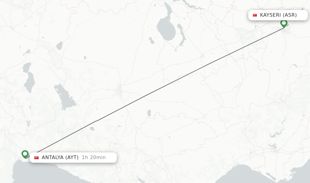 Flights from Kayseri to Antalya route map