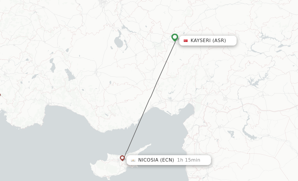Flights from Kayseri to Ercan route map