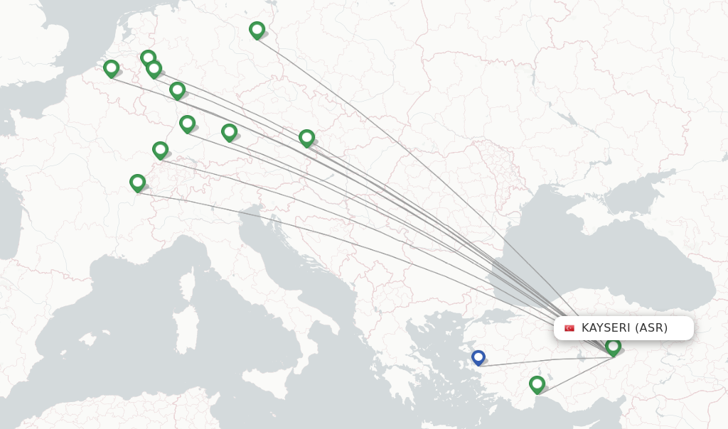 Route map with flights from Kayseri with SunExpress