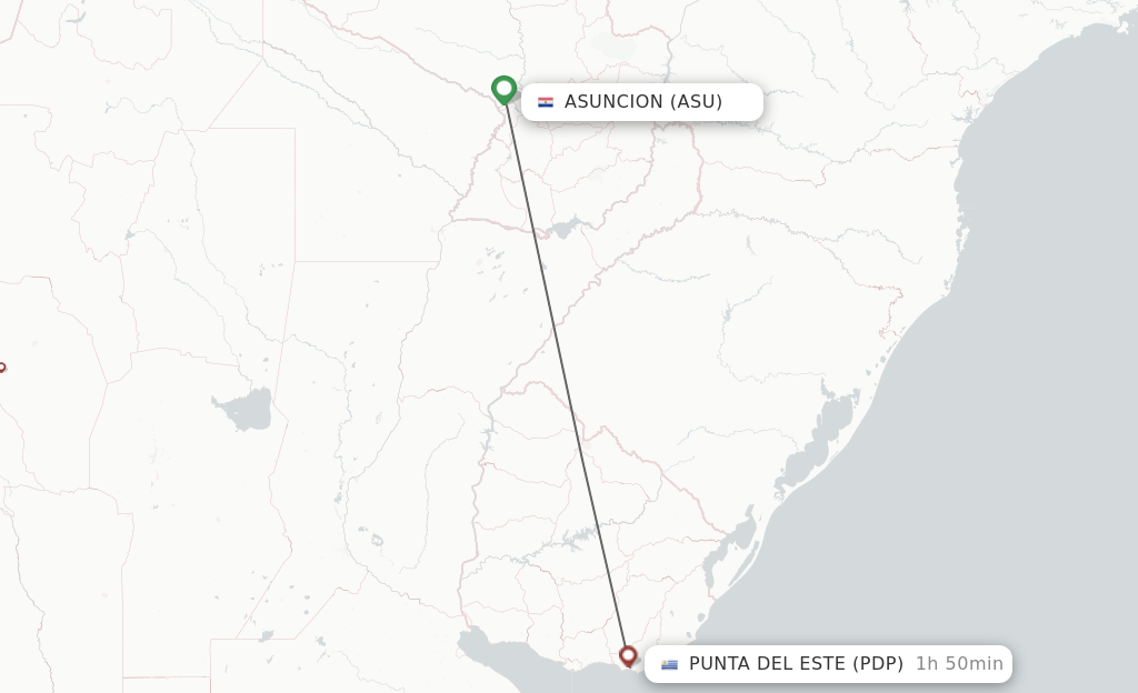 Flights from Asuncion to Punta Del Este route map
