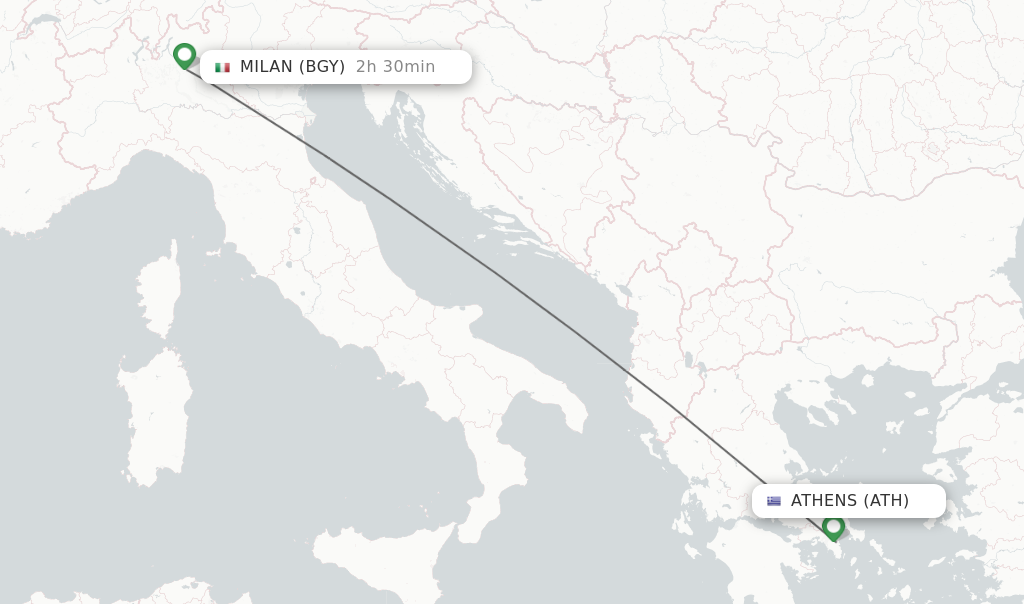Flights from Athens to Milan route map