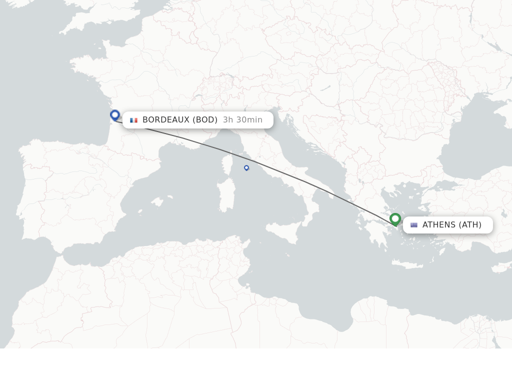Flights from Athens to Bordeaux route map
