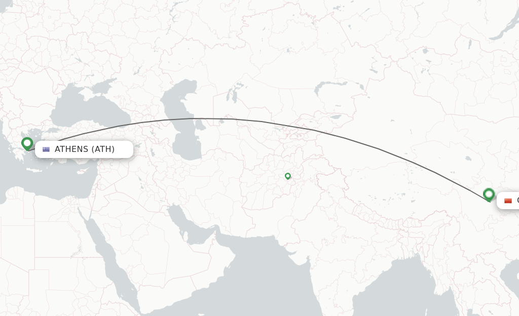 Flights from Athens to Chengdu route map