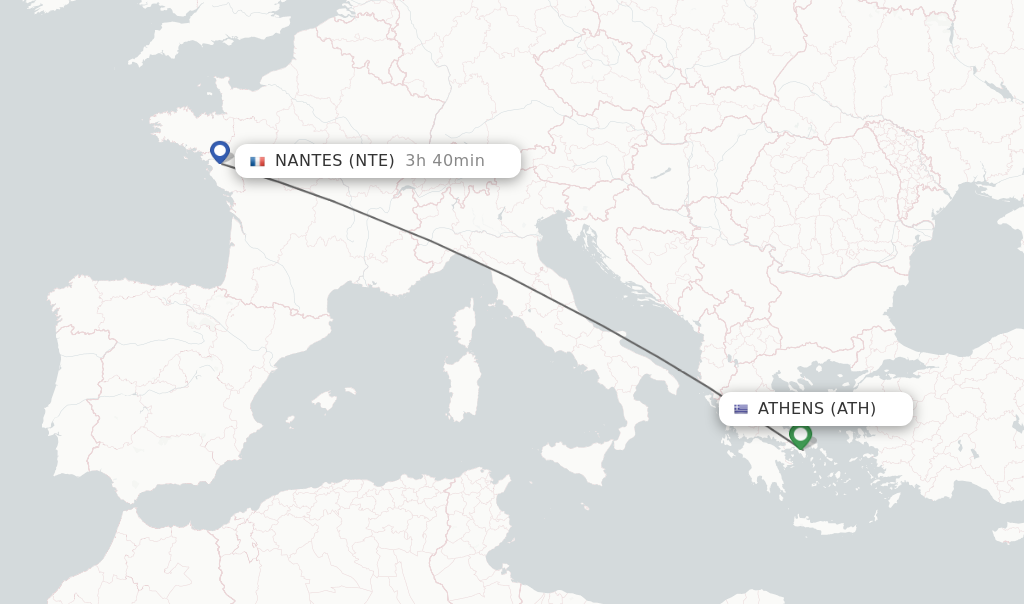 Flights from Athens to Nantes route map