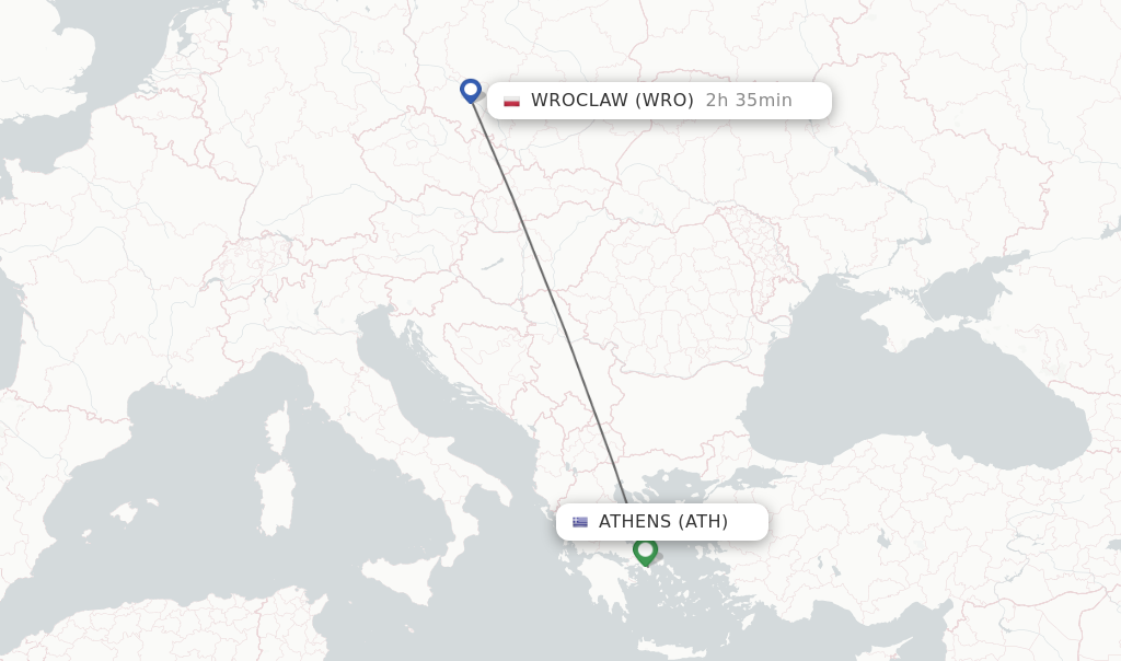 Flights from Athens to Wroclaw route map