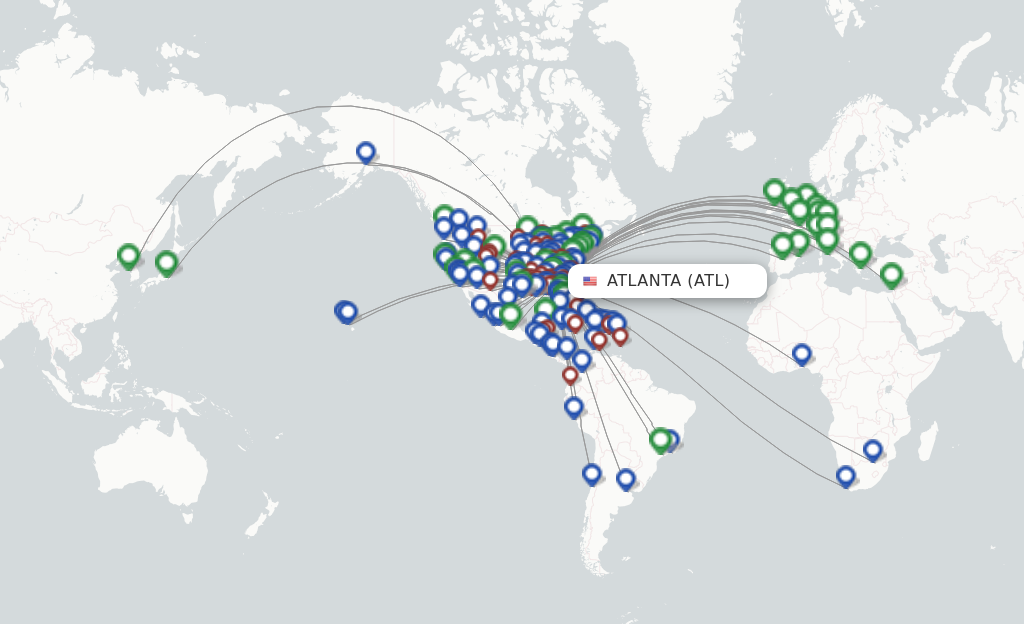 Route map with flights from Atlanta with Delta Air Lines
