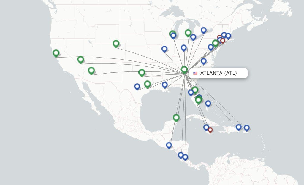 Route map with flights from Atlanta with Frontier Airlines
