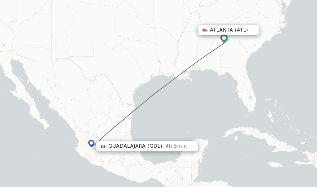Flights from Atlanta to Guadalajara route map