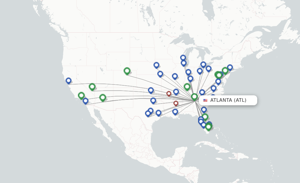 Route map with flights from Atlanta with Southwest Airlines
