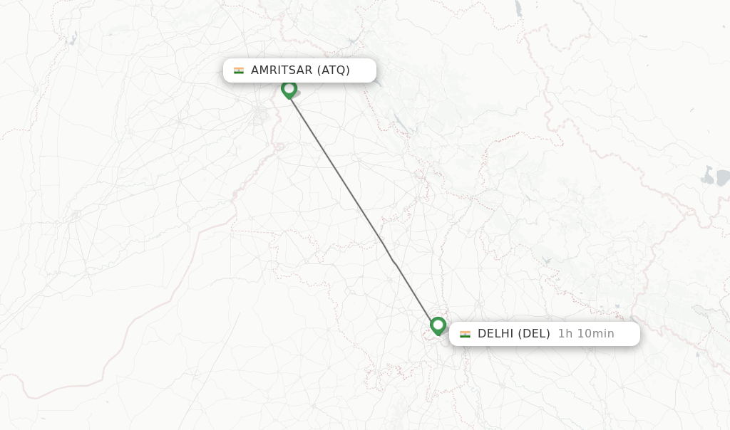 Flights from Amritsar to Delhi route map
