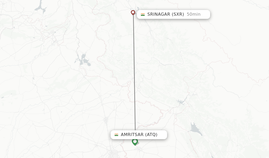 Flights from Amritsar to Srinagar route map